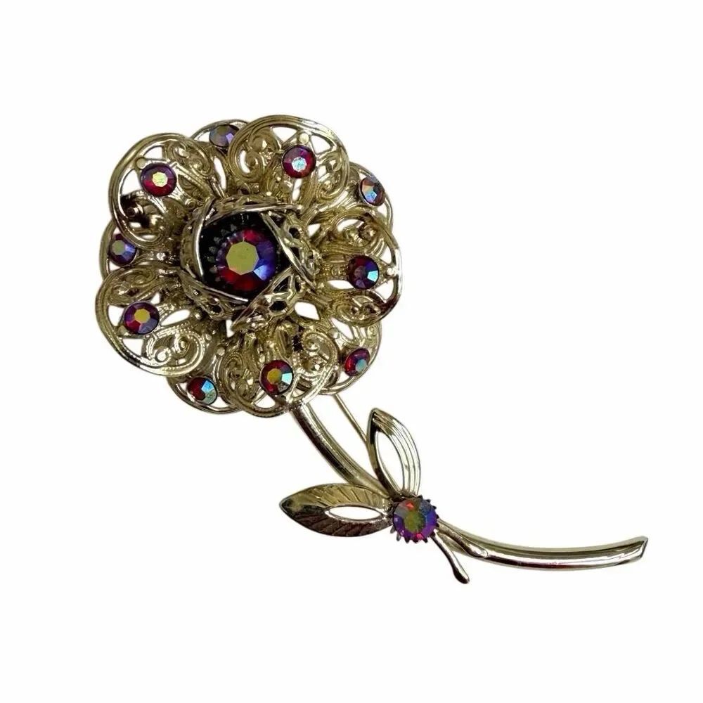 Sarah Coventry Vintage 1960s Gold Tone Aurora Borealis Flower Brooch